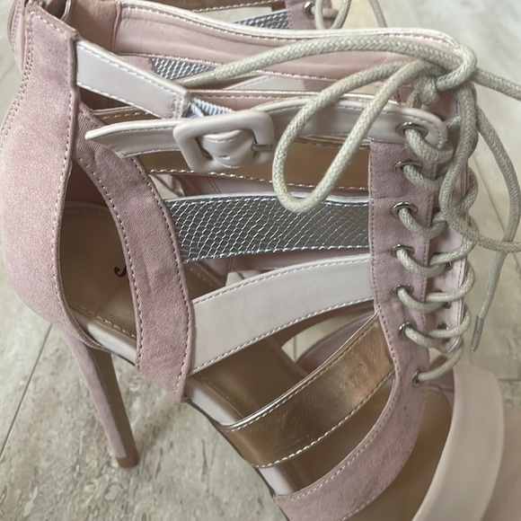 NWOT JustFab Katty Lace-Up Stiletto Heel Booties Cocktail Party Metallic Pink 9 - Picture 3 of 7